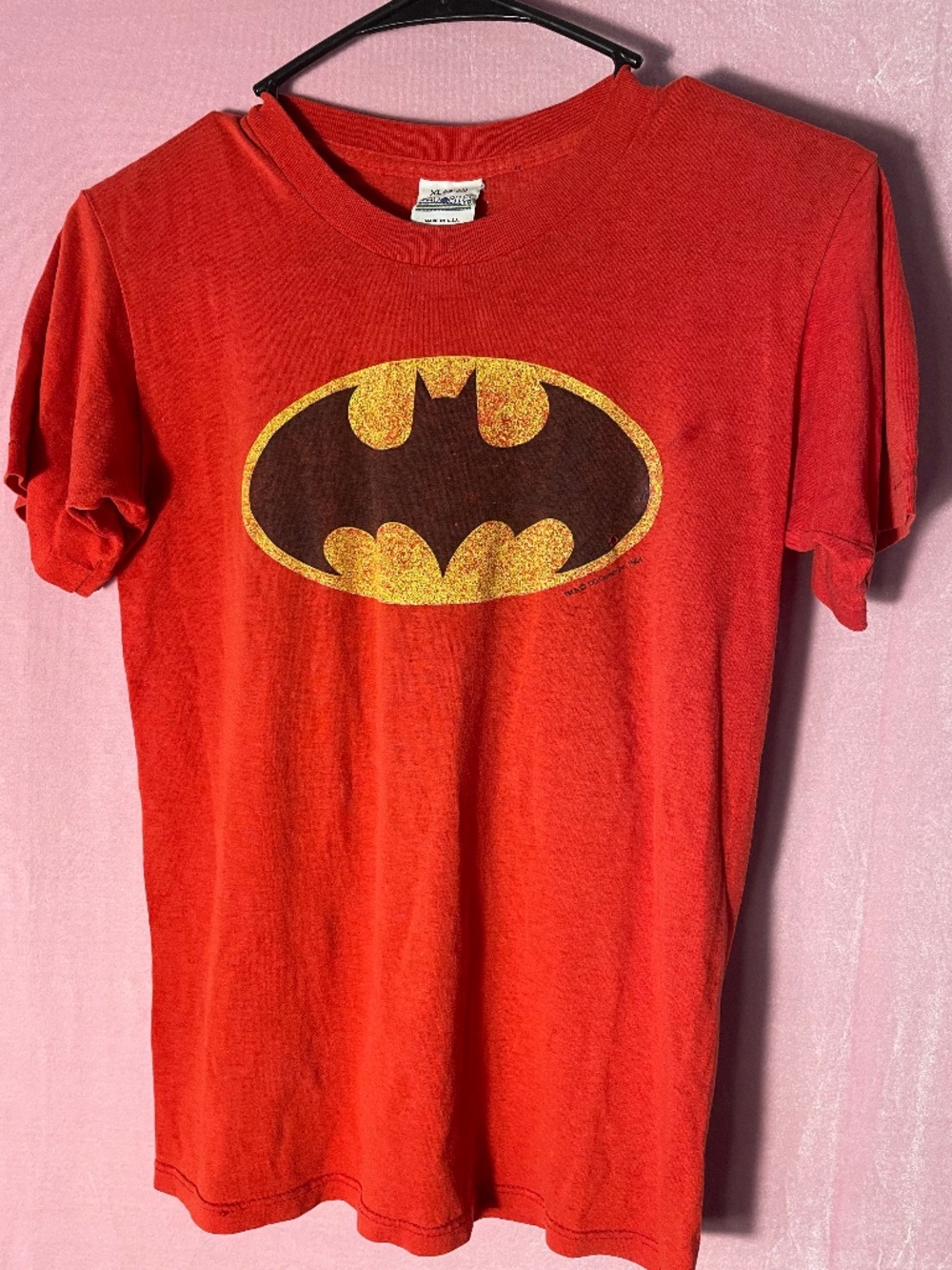 VINTAGE 80's Youth XL RARE RED Batman Logo official DC licensed t-shirt